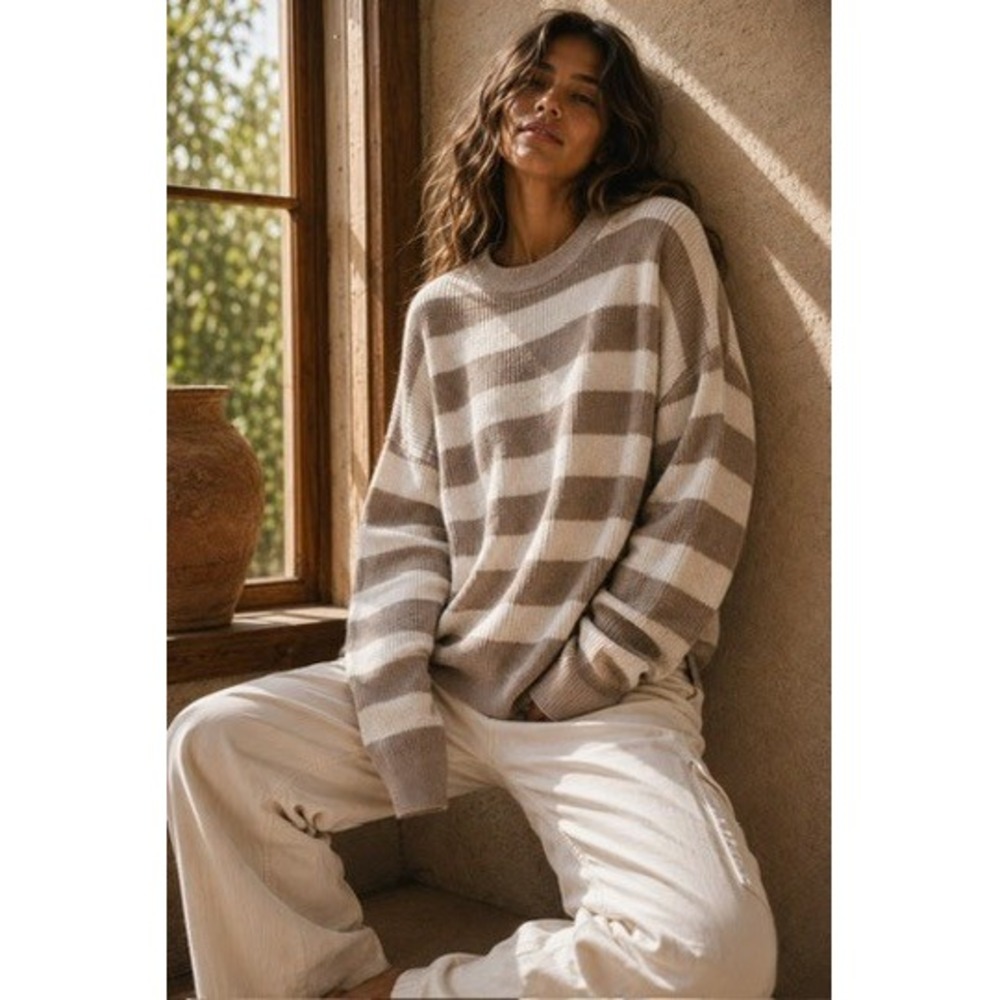 Free People FP Beach Tan White Striped Oversized Crewneck Sweater Womens XS
